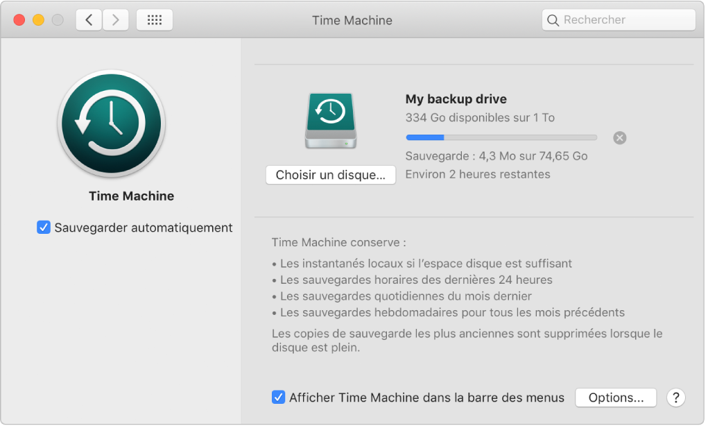 Préférences Time Machine affichant l’état d’avancement d’une sauvegarde sur un disque externe.