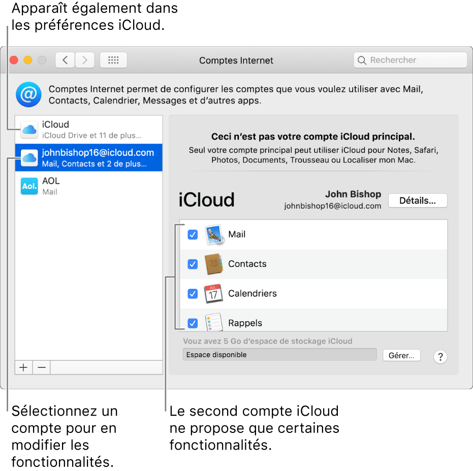 Préférences Comptes Internet, dans lesquelles deux comptes iCloud ont été configurés. Seules certaines fonctionnalités sont disponibles pour le second compte, qui est sélectionné dans la liste de gauche.