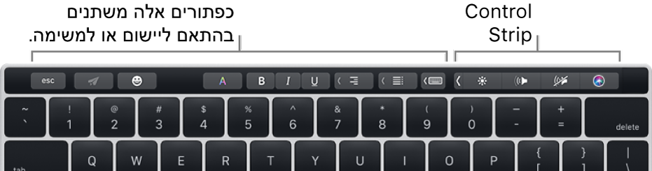 ה-Touch Bar בחלק העליון של המקלדת, עם תצוגת כפתורים שמשתנה בהתאם ליישום או למשימה משמאל, ו-Control Strip בפריסה מכווצת מימין.