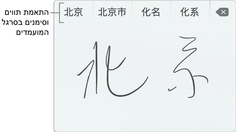 משטח מגע של כתב יד לאחר כתיבת המילה ״בייג'ינג״ בסינית מופשטת. תוך כדי שהינך מצייר/ת קווים על משטח המגע, סרגל המועמדים (בחלק העליון של החלון ״כתב יד של משטח המגע״) מציג אפשרויות של תווים וסמלים מתאימים. הקש/י על מועמד כדי לסמן אותו.