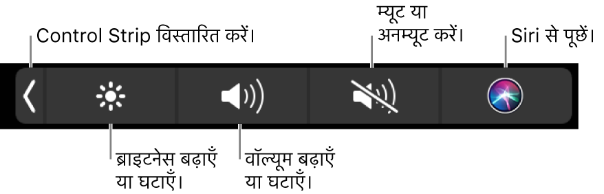 समेटे गए Control Strip में बटन, बाएँ से दाएँ शामिल होते हैं, Control Strip को फैलाने के लिए, डिस्प्ले ब्राइटनेस और वॉल्यूम को बढ़ाएँ या घटाएँ, म्यूट या अनम्यूट करें और Siri से पूछें।