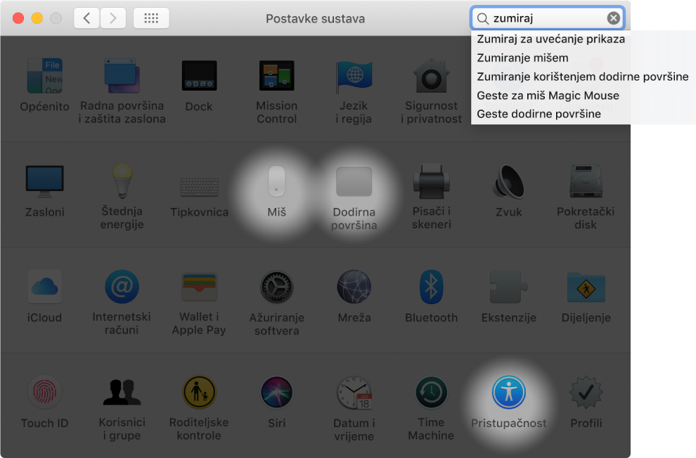Prozor Postavke sustava koji prikazuje “zumiranje” u polju za pretraživanje, popis odgovarajućih rezultata pretraživanja ispod polja za pretraživanje i tri označene ikone postavki.