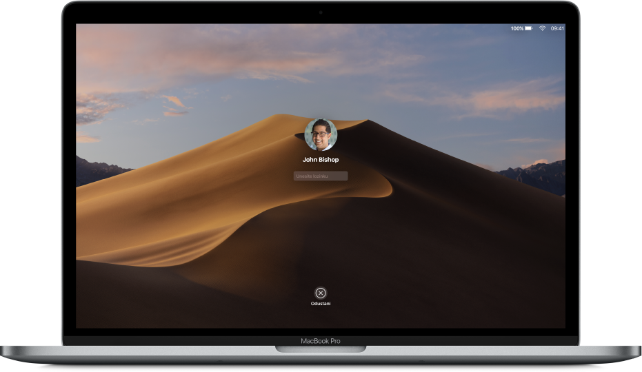 Radna površina Mac računala s prikazanim zaslonom za prijavu s poljem za lozinku u sredini i tipkom Poništi na dnu.