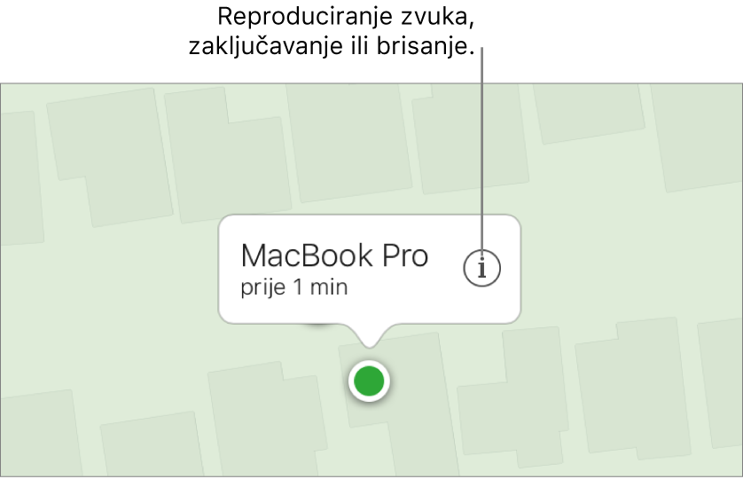 Karta značajke Nađi moj iPhone na stranici iCloud.com koja prikazuje lokaciju Maca.
