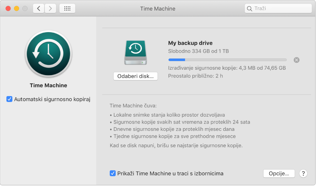 Time Machine postavke s prikazom statusa napretka izrade sigurnosne kopije na vanjski disk.