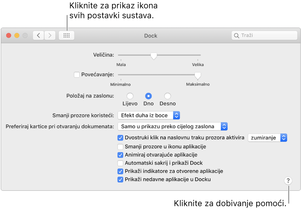 Kliknite Prikaži sve za prikaz svih ikona postavki. Kliknite na tipku Pomoć kako biste dobili više informacija o prozoru.