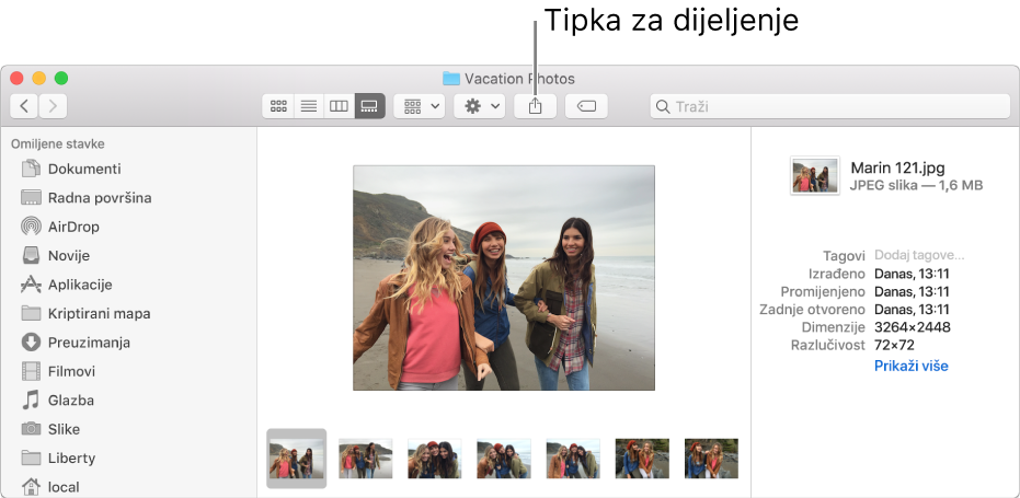 Tipka Dijeli na alatnoj traci prozora Findera.