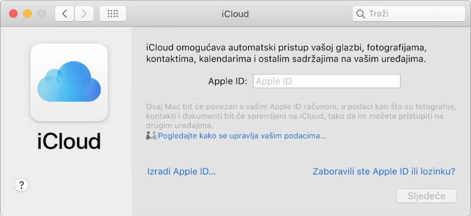 iCloud postavke, spremne za unos imena i lozinke za Apple ID.