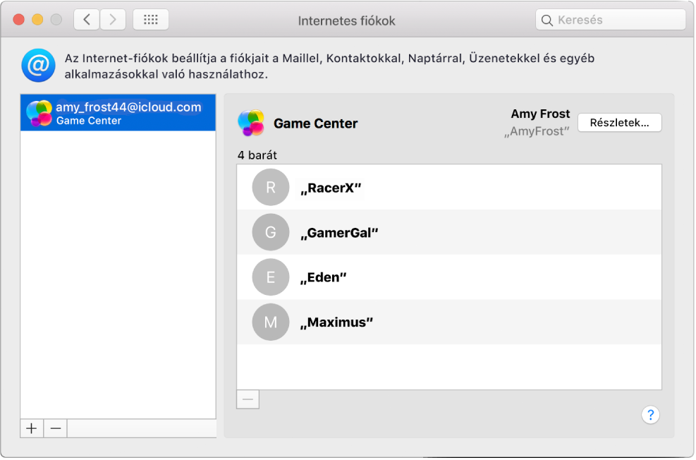 Game Center-fiók az Internetes fiókokban.