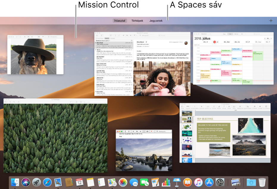 Több ablak megnyitva Mission Control nézetben, a képernyő tetején a Spaces sávval.