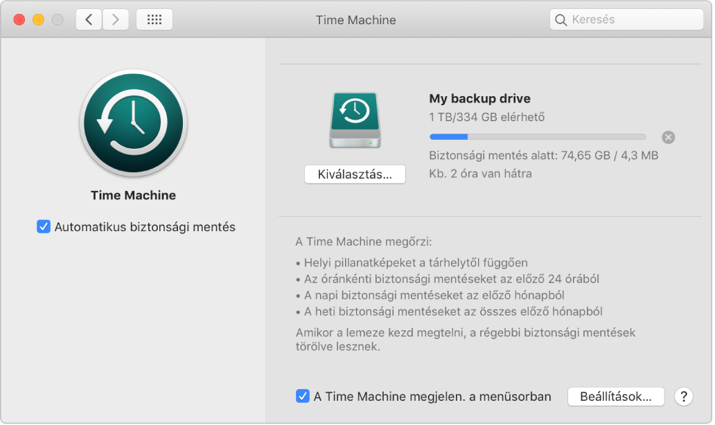 A külső meghajtóra végzett biztonsági mentés állapotát megjelenítő Time Machine-beállítások.