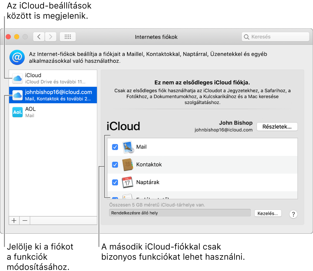 Az Internetes fiókok beállítások, két iCloud-fiókkal. A bal oldali listán kiválasztott második fiókon látható, hogy csupán néhány funkció érhető el.