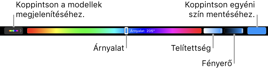 A Touch Bar a HSB-modell árnyalat, a telítettség és a fényerő csúszkáival. A bal oldalon lévő gomb az összes profil megjelenítésére szolgál; a jobb oldalon lévő gomb az egyéni színek mentésére.