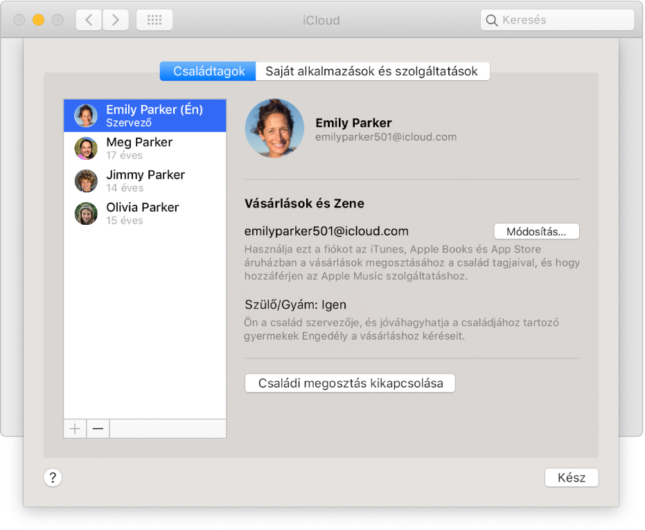 Az iCloud beállítások Családtagok panelje.