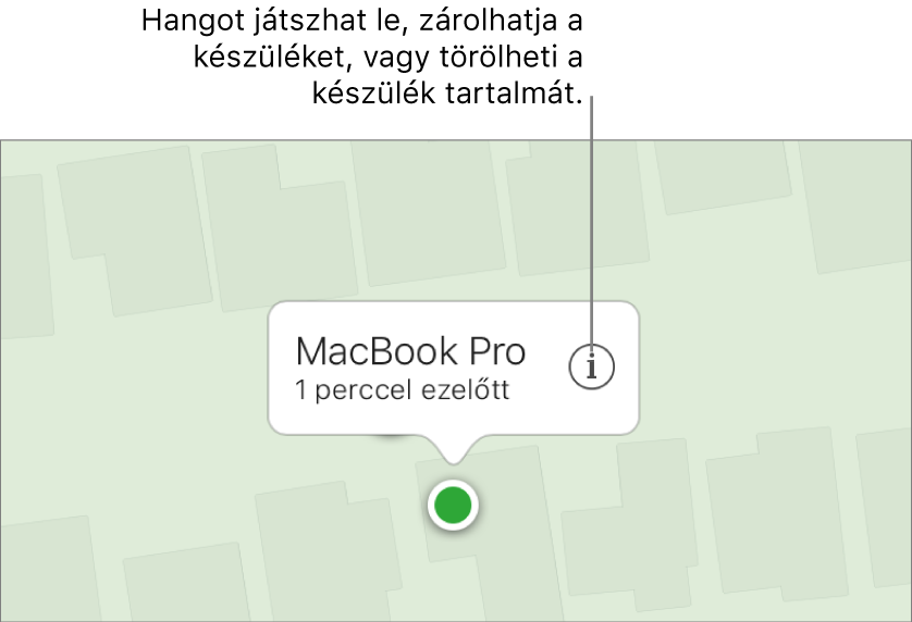 Az iPhone keresése funkció térképe az iCloud.com webhelyen, amely a Mac gép helyét jelzi.
