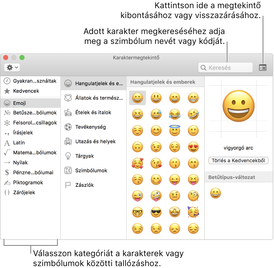A Karaktermegtekintő ablaka. A karakterek és szimbólumok közötti tallózáshoz válasszon kategóriát a bal oldalon. A keresőmezőben adjon meg szimbólumnevet vagy -kódot az adott karakter megtalálásához. A jobb felső sarokba kattintva kibonthatja vagy visszazárhatja a megtekintőt.
