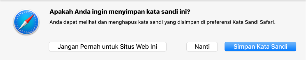 Dialog yang menanyakan apakah Anda ingin menyimpan kata sandi untuk situs web.