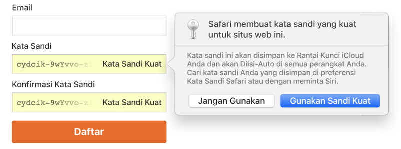 Dialog menampilkan bahwa Safari membuat kata sandi kuat untuk situs web dan bahwa kata sandi akan disimpan di Rantai Kunci iCloud pengguna dan tersedia untuk Isi-Auto di perangkat pengguna.