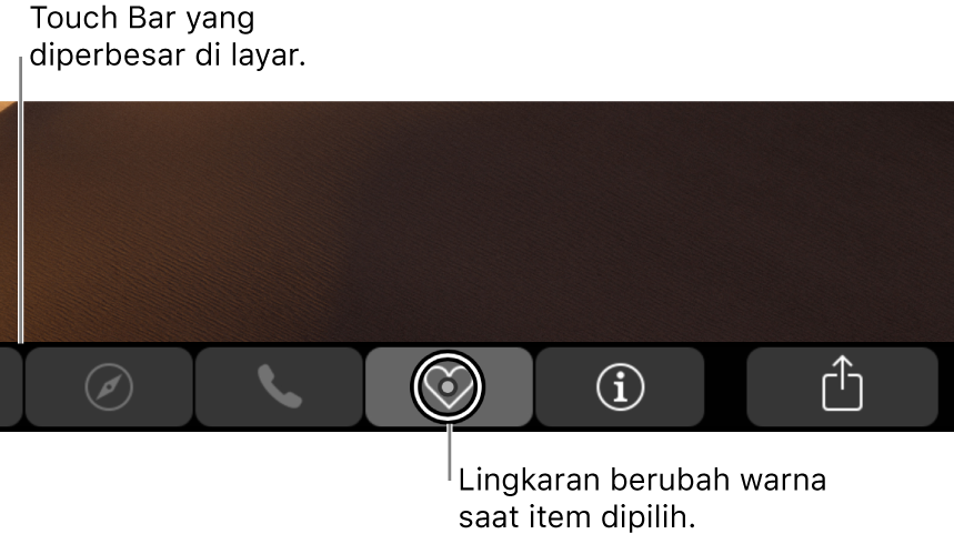 Touch Bar yang diperbesar di sepanjang bagian bawah layar; lingkaran di atas tombol akan berubah saat tombol dipilih.