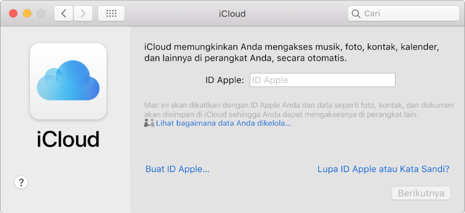 Preferensi iCloud, bersiap untuk penulisan nama dan kata sandi ID Apple.