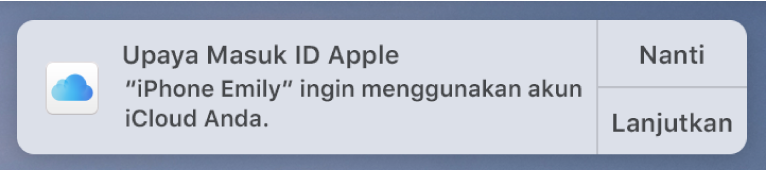 Pemberitahuan untuk perangkat yang meminta persetujuan untuk Rantai Kunci iCloud.