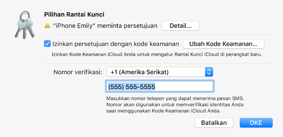 Dialog Pilihan Rantai Kunci iCloud dengan nama perangkat yang meminta persetujuan dan tombol Detail di sampingnya.