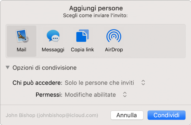 Finestra “Aggiungi persone” che mostra le app che puoi usare per inviare l’invito e le opzioni per condividere documenti.
