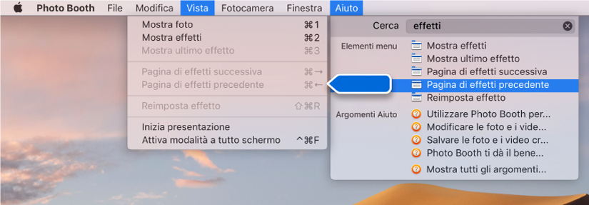 Il menu Aiuto di Photo Booth con un risultato di ricerca per un elemento del menu selezionato e una freccia che punta sull’elemento nei menu dell’app.