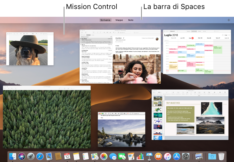 Varie finestre aperte in Mission Control con la barra di Spaces nella parte superiore dello schermo.