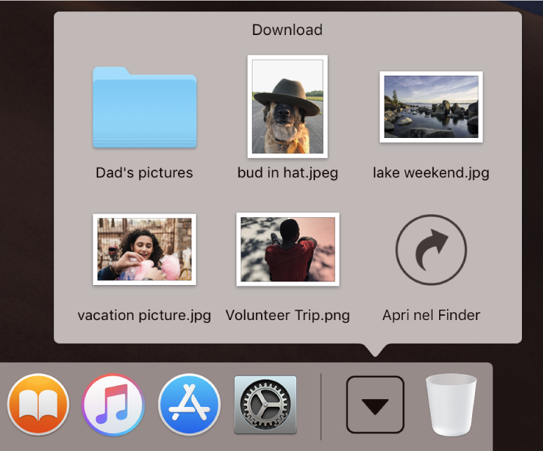 Pila Download aperta nel Dock, con il contenuto all'interno di una griglia.