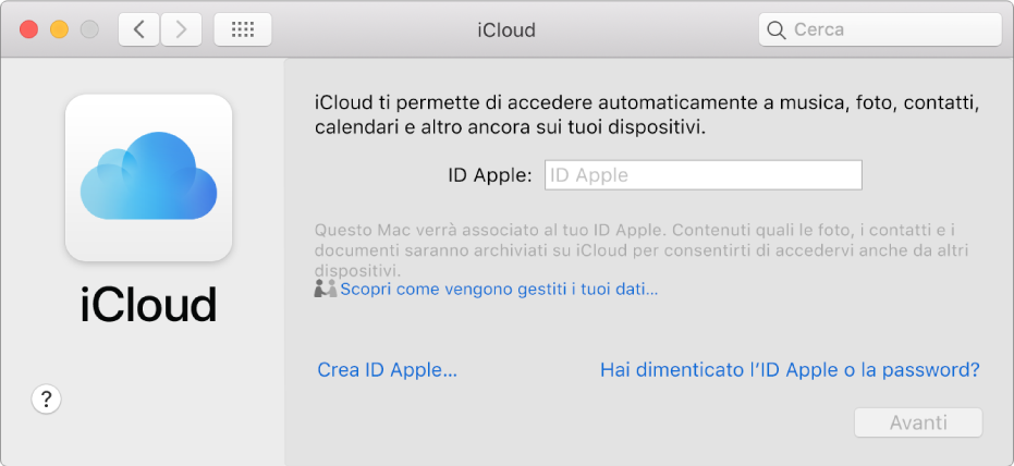 Preferenze iCloud, pronte per l'inserimento del nome e della password di un account ID Apple.