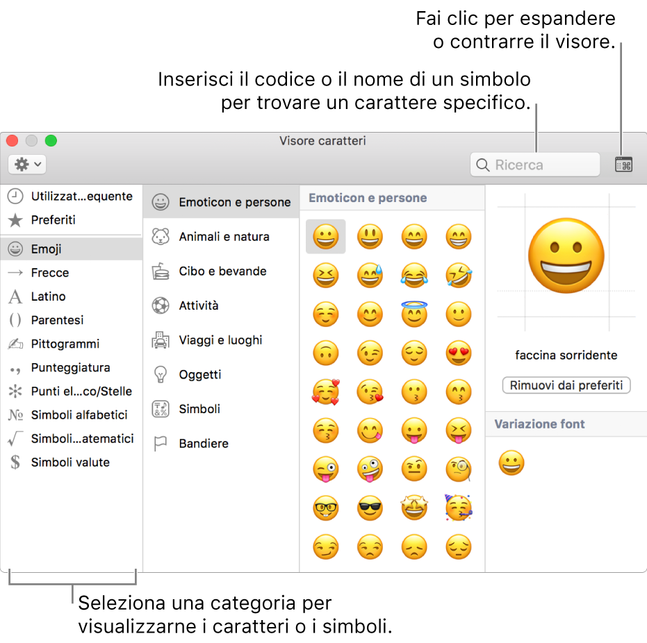 La finestra di Visore caratteri. Seleziona una categoria a sinistra per sfogliare i caratteri o i simboli. Nel campo di ricerca, inserisci il nome o il codice di un simbolo per trovare un carattere specifico. Nell'angolo superiore destro, fai clic per espandere o comprimere il visore.