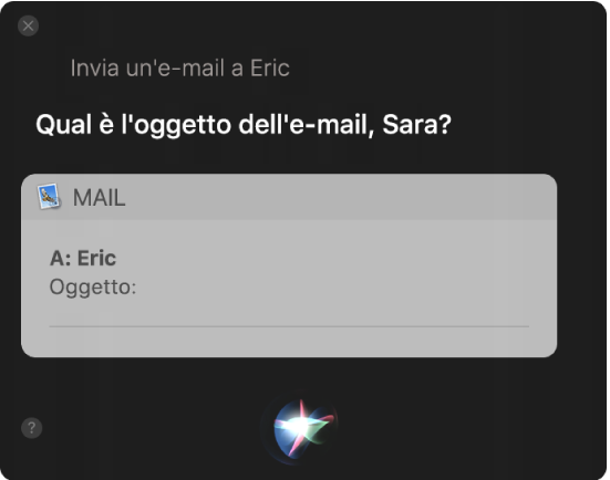 Finestra di Siri che mostra un messaggio e-mail che viene dettato.