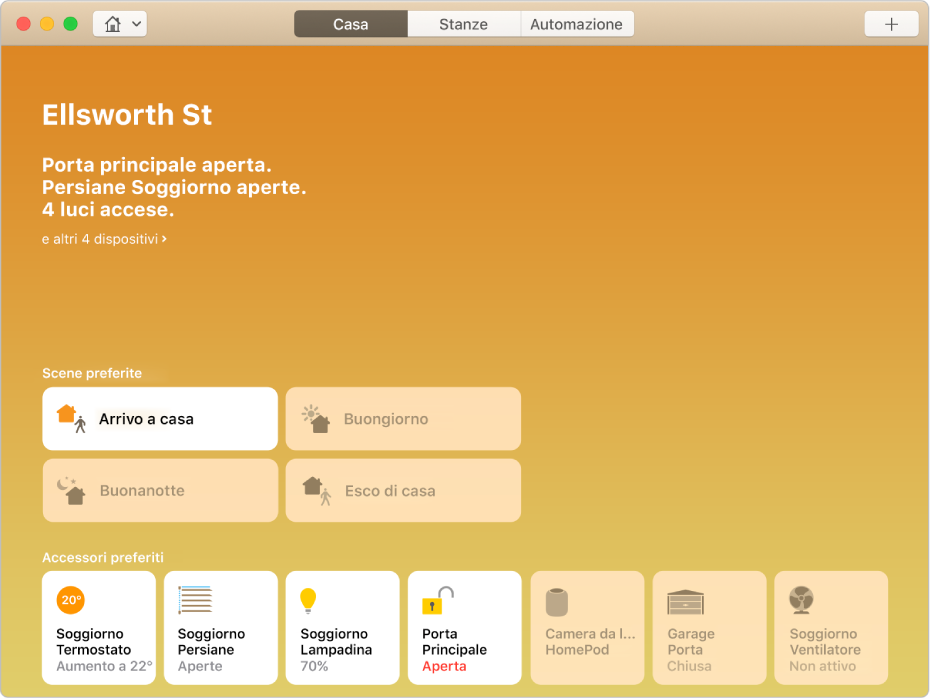 La schermata di Casa che mostra lo stato della portone principale (non bloccato), delle tapparelle del soggiorno (aperte) e altro ancora. Vengono mostrati anche i pulsanti per varie scene preferite e accessori preferiti.