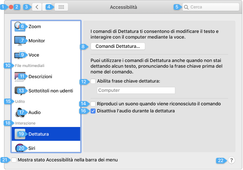 Un pannello delle preferenze che mostra un numero accanto a ogni elemento nell'interfaccia utente con cui puoi interagire.