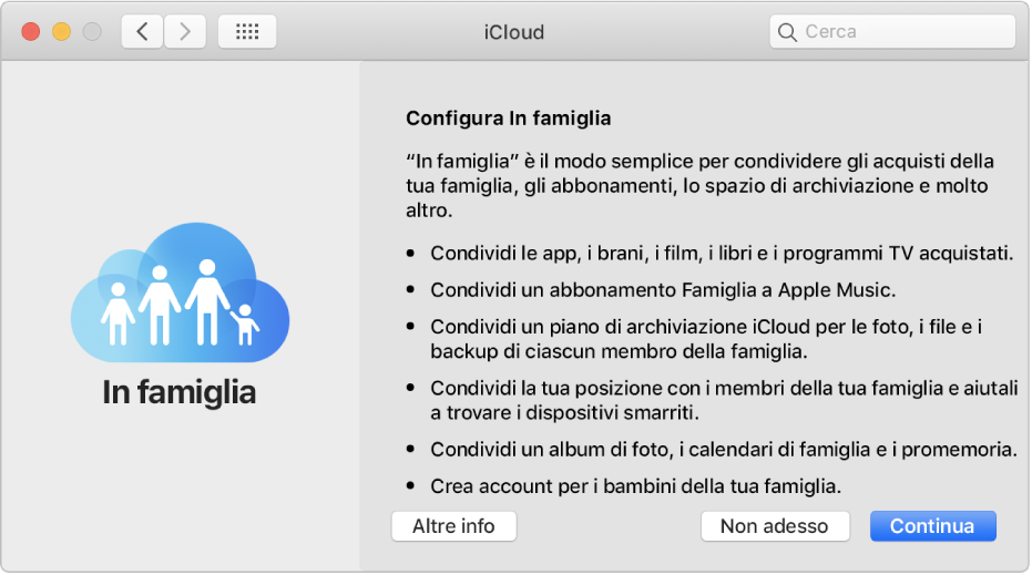 Il pannello di configurazione di “In famiglia” nelle preferenze iCloud.
