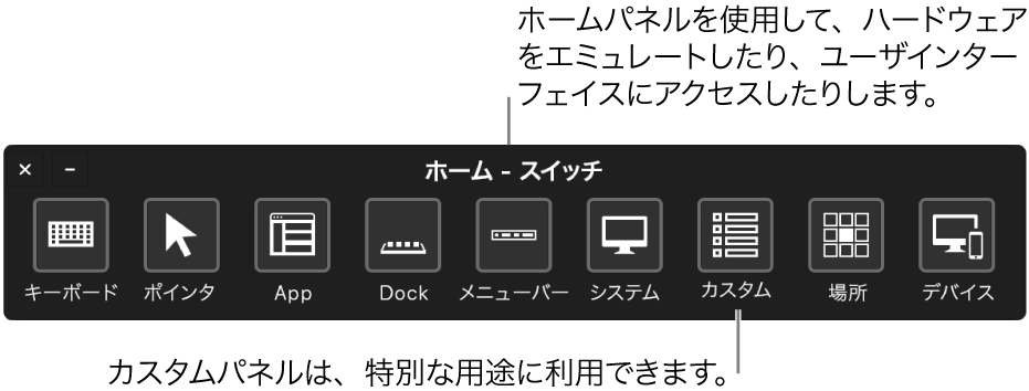 スイッチコントロールの「ホーム」パネルには、左から右へ順に、 キーボード、ポインタ、App、Dock、メニューバー、システムコントロール、カスタムパネル、画面の場所、およびその他のデバイスがあります。