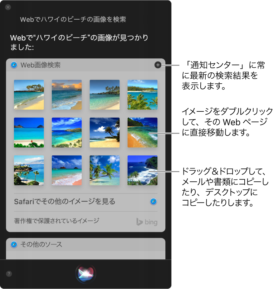 Siri ウインドウ。「ハワイのビーチの画像を Web で検索して。」というリクエストに Siri が返した結果が表示されています。その結果を通知センターにピンで固定したり、その画像をダブルクリックして画像を含む Web ページを開いたり、画像をメール、書類、またはデスクトップにドラッグしたりできます。