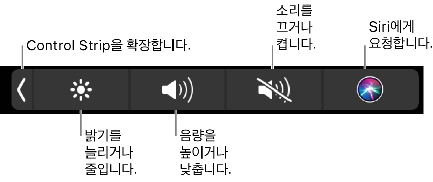 버튼이 있는 축소된 Control Strip, 왼쪽에서 오른쪽까지 Control Strip을 확장하여 디스플레이 밝기 및 음량을 늘리거나 줄이고 소리를 끄거나 켜고 Siri에게 물어볼 수 있습니다.