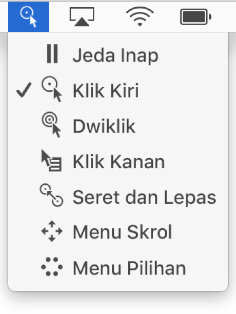 Menu status Inap dengan item menu termasuklah, dari atas ke bawah, Jeda Inap, Klik Kiri, Dwiklik, Klik Kanan, Seret dan Lepas, Menu Skrol dan Menu Pilihan.