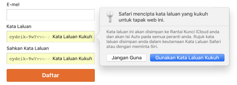 Dialog menunjukkan yang Safari mencipta kata laluan kukuh untuk tapak web dan ia akan disimpan dalam Rantai Kunci iCloud pengguna dan tersedia untuk Isi Auto pada peranti pengguna.