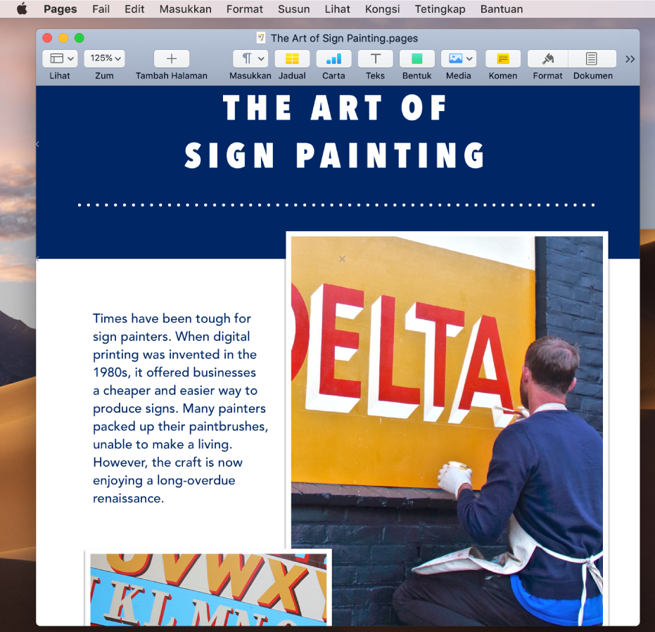 Dokumen dalam app Pages pada desktop.