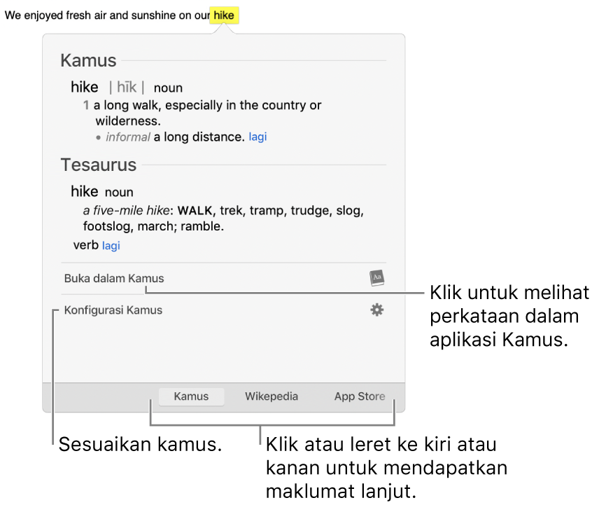 Tetingkap Cari menunjukkan definisi Kamus dan Tesaurus untuk perkataan.