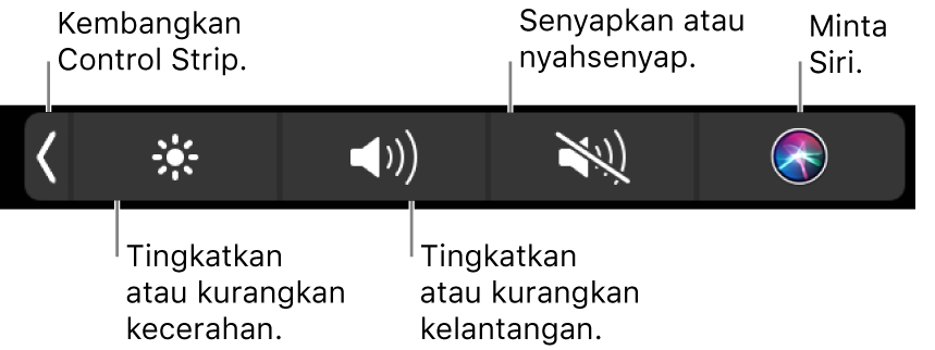 Control Strip yang diruntuhkan termasuk butang—dari kiri ke kanan—untuk mengembangkan Control Strip, tingkatkan atau rendahkan kecerahan paparan dan kelantangan, senyap atau nyahsenyap dan tanya Siri.
