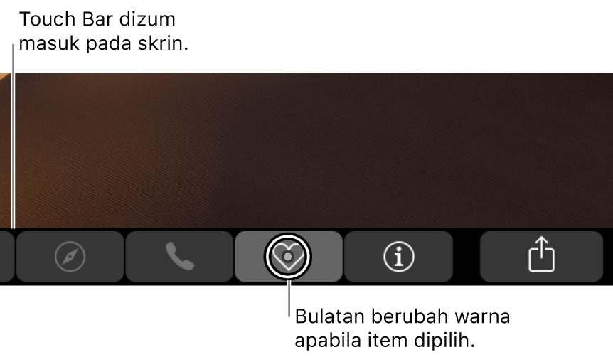Touch Bar yang dizum masuk di sepanjang bahagian bawah skrin; bulatan di atas butang bertukar apabila butang dipilih.