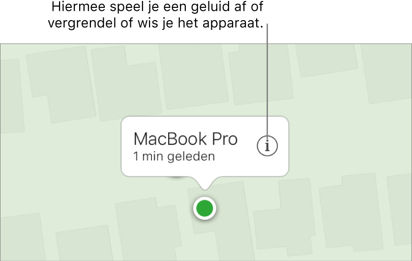 Een kaart in Zoek mijn iPhone op iCloud.com waarop de locatie van een Mac wordt weergegeven.