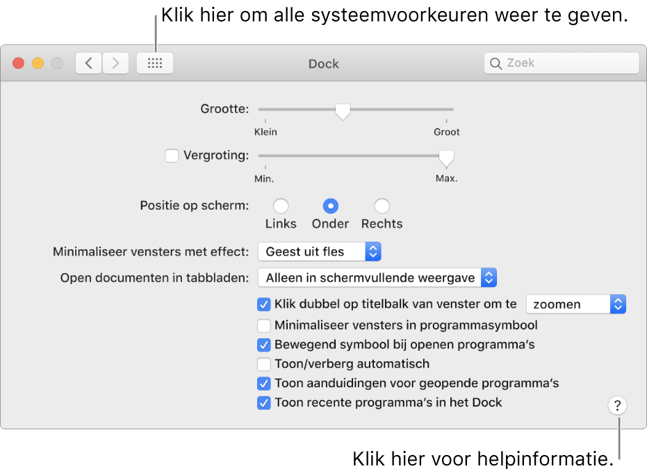 Klik op 'Toon alles' om alle voorkeurensymbolen te tonen. Klik op de knop met het vraagteken voor meer informatie over het paneel.