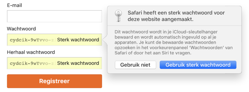 Een waarschuwing van Safari, die aangeeft dat Safari een sterk wachtwoord heeft aangemaakt voor een website en het heeft bewaard in je iCloud-sleutelhanger.