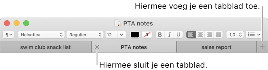 Een Teksteditor-venster met drie tabbladen in de tabbladbalk onder de opmaakbalk. Op één tabblad wordt de sluitknop weergegeven. De knop met het plusteken bevindt zich aan de rechterkant van de tabbladbalk.