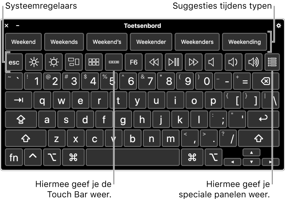 Het toegankelijkheidstoetsenbord met typesuggesties bovenaan. Onderaan staat een rij knoppen voor systeemregelaars waarmee je bijvoorbeeld de helderheid van het scherm kunt aanpassen en de Touch Bar op het scherm en aangepaste panelen kunt weergeven.